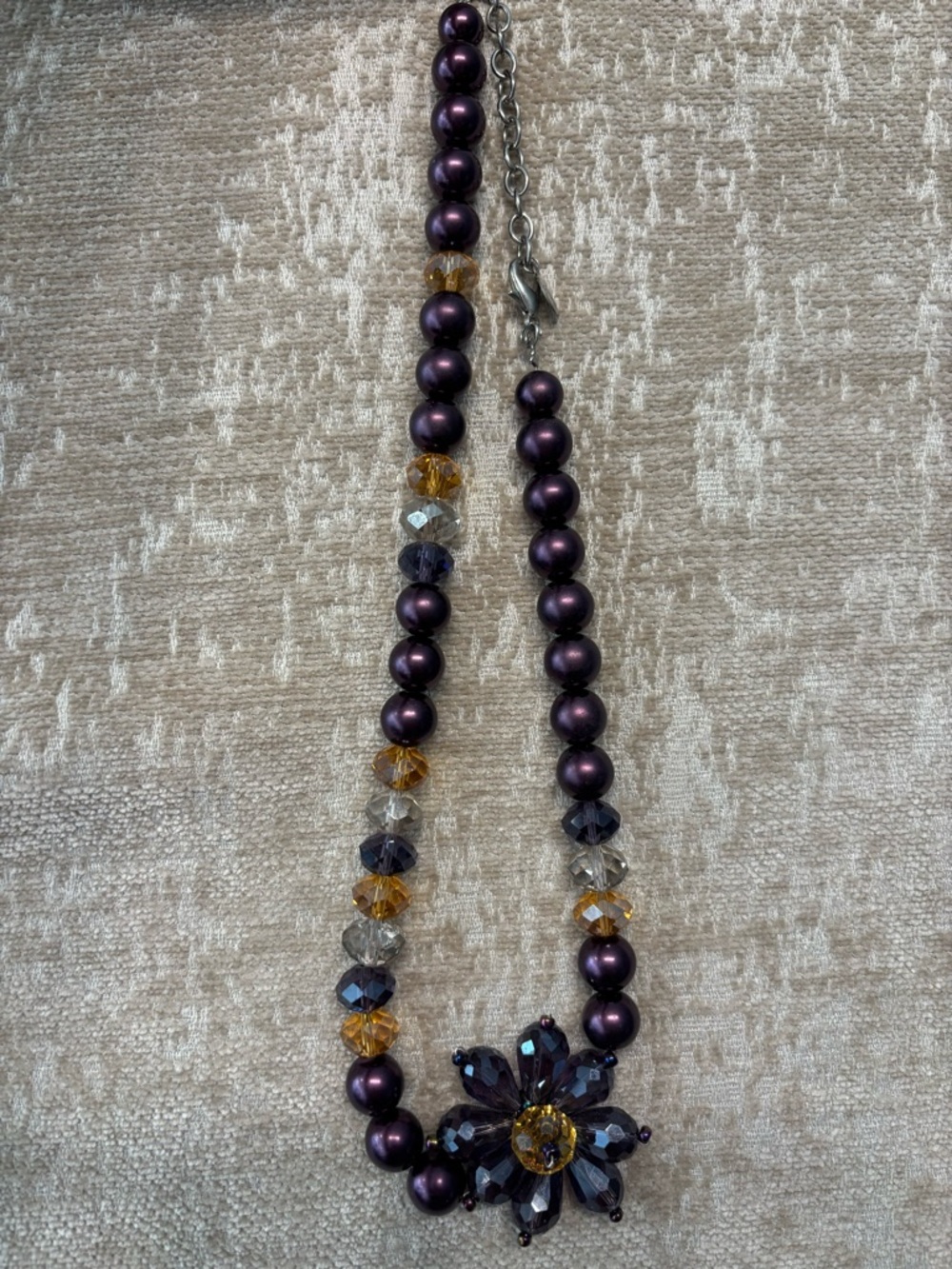 JS Signed Vintage Statement Necklace Purple Pearls Amber Crystal Flower Pendant